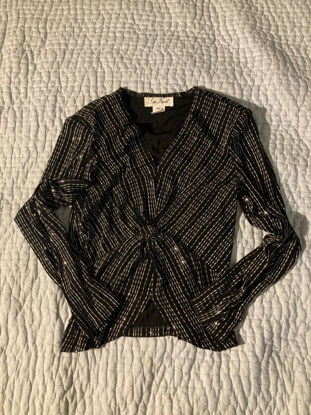 vintage La Nuit black and silver long sleeve knot front blouse size M